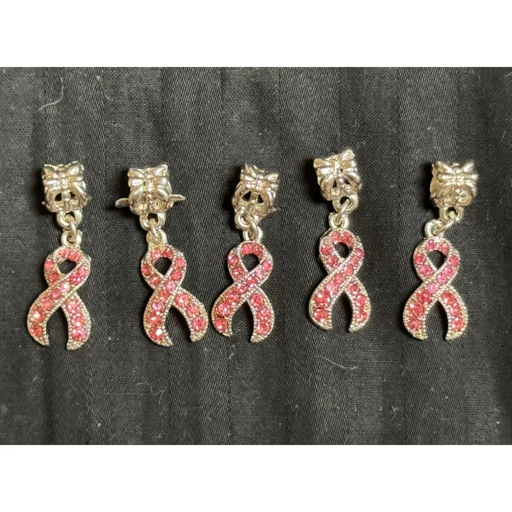Set of 5 Silver and Pink Rhinestone Breast Cance Awareness Ribbon Dangle Charms